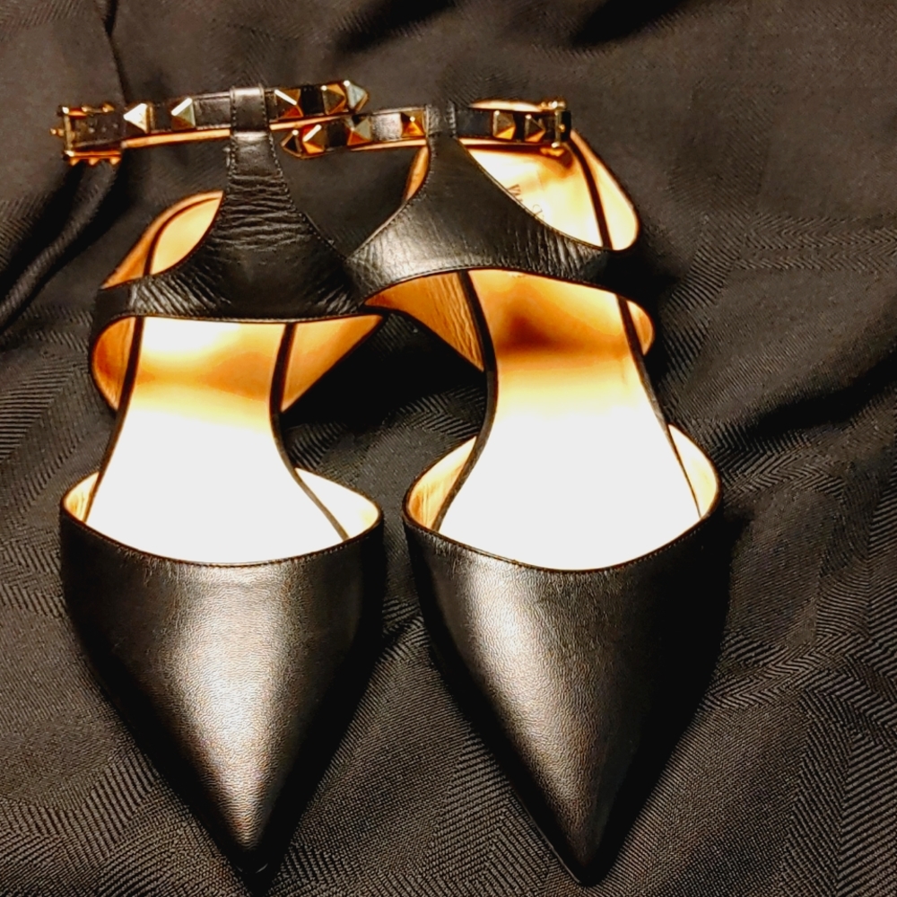 Valentino Black Leather Rockstud Ankle Strap Flat Sandals Size 391/2